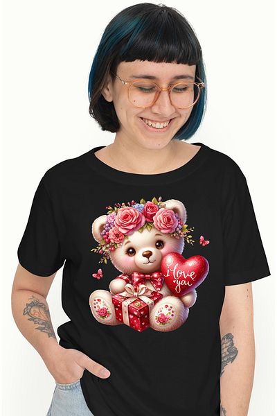 StoryGift Romania Tricou Femei cu o ursoaica de plus, ilustratie, fericire, cadou, inima cu mesaju BLK_XS