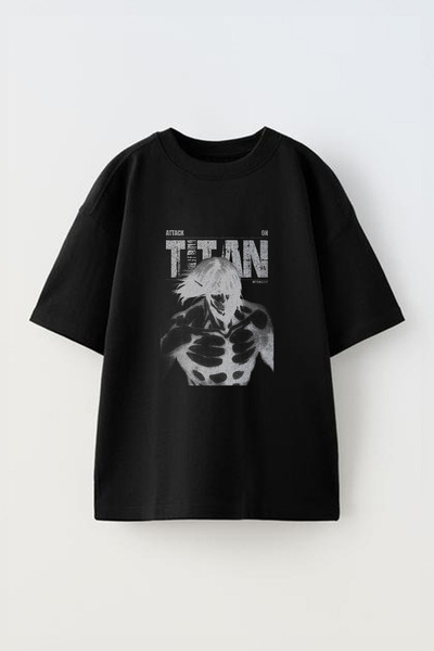 Anetos Attack Titan On Ön cu imprimeu Bumbac Negru supradimensionat tricou