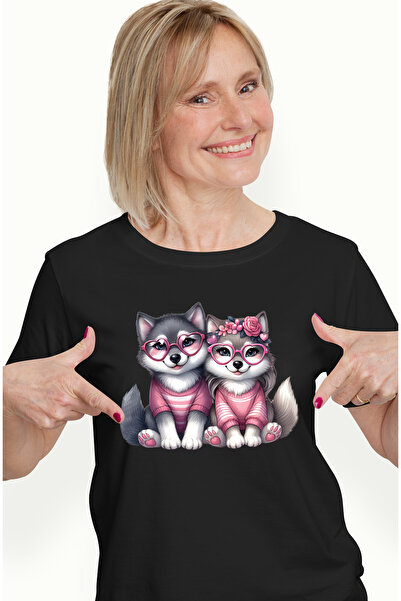 StoryGift Romania Tricou Femei cu 2 catei Husky, ilustratie, floricele, ochel...