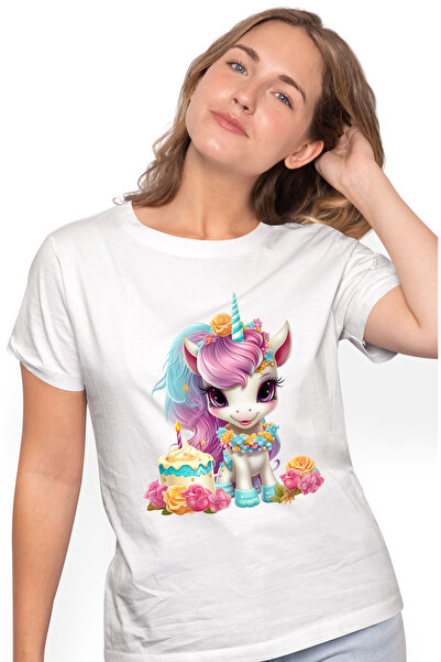 StoryGift Romania Tricou Femei cu un unicorn vesel, ilustratie, tort, imbujor...