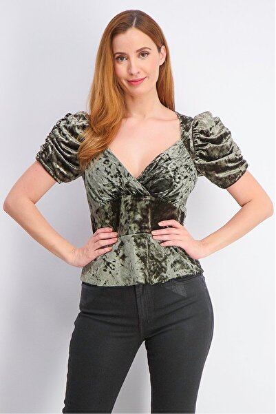 TopShop Women Velvet Ruched Sleeve Blouse, Green