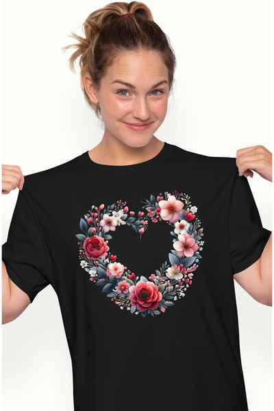 StoryGift Romania Tricou Femei cu o inima facuta din flori, ilustratie, plante, coroana, iubire, a BLK_L