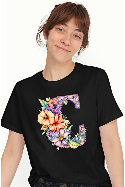 StoryGift Romania Tricou Femei cu litera "C", ilustratie, pentru copii, scoala, elev, flori, abece BLK_XL