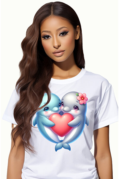 StoryGift Romania Tricou Femei cu 2 delfini care se imbratiseaza si tin o inima, floare, Valentine WHT_L