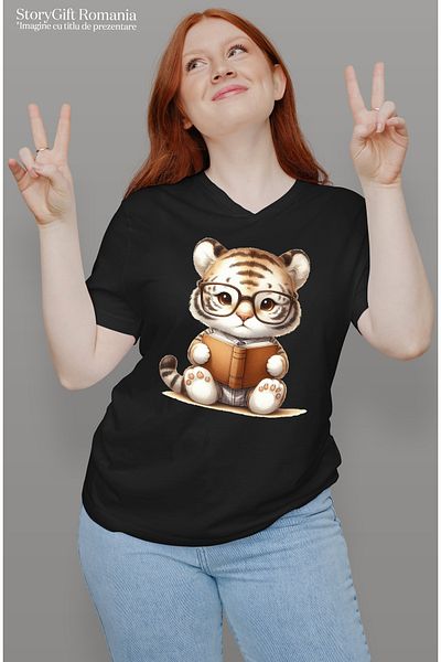 StoryGift Romania Women's T-shirt with a little tiger holding a book, illustration, glasses, reading BLK_L,STG53348