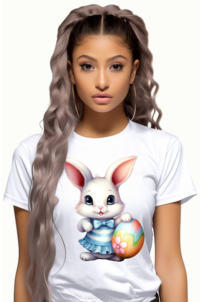 StoryGift Romania Tricou Femei cu o iepuroaica vesela, ilustratie, tine un ou...