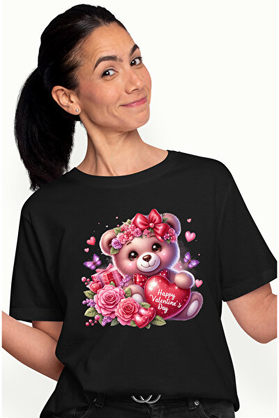 StoryGift Romania Tricou Femei cu un ursulet vesel care tine o inima in brate pe care scrie "Happy BLK_M