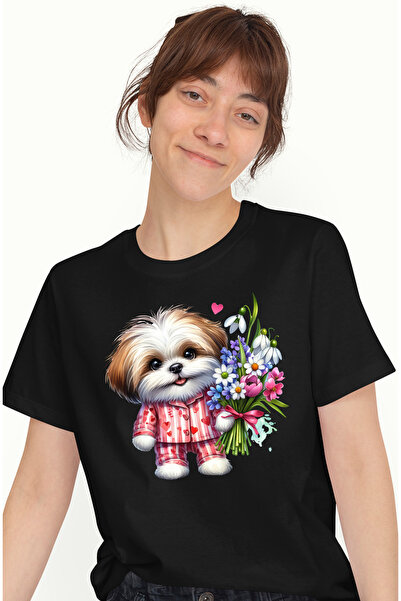 StoryGift Romania Tricou Femei cu un catel care tine un buchet cu flori, blan...