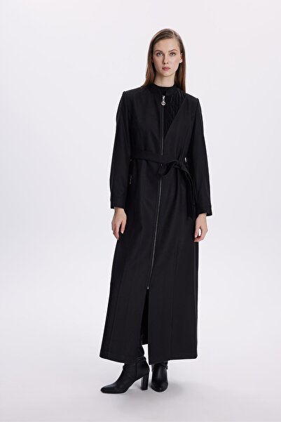 Zühre Black Overcoat with Judge Collar and Zippered Belt Detail 13598