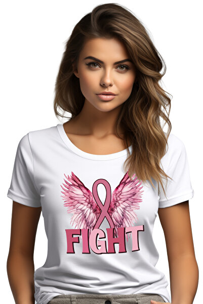 StoryGift Romania Tricou Femei cu semnul infinitului cu mesajul "Fight", ilustratie, constientizar WHT_XL