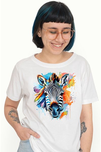 StoryGift Romania Women's T-shirt with a zebra, illustration, wild animal, abstract, color spots WHT_S