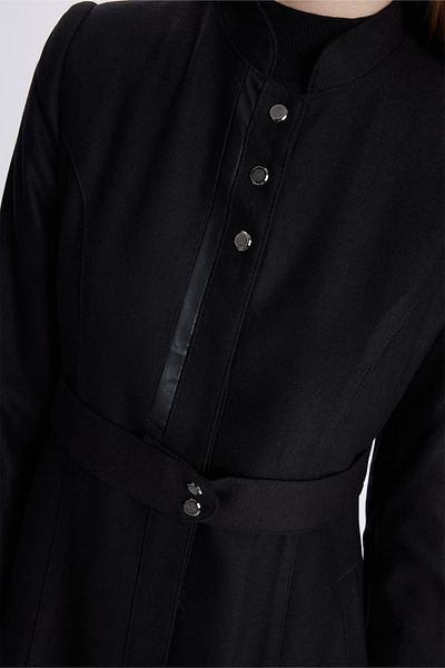 Zühre Judge Collar Leather Detailed Black Overcoat 13574