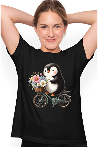 StoryGift Romania Tricou Femei cu un pinguin grasut care merge cu bicicleta, ilustratie, cosulet c BLK_M