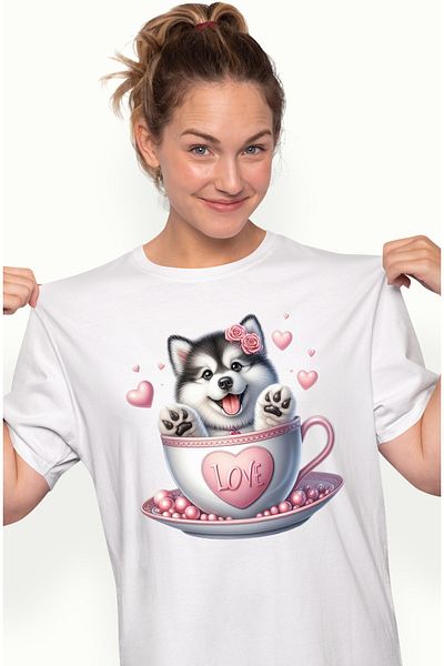 StoryGift Romania Tricou Femei cu un catel Malamut de Alaska, sta intr-o ceasca, flori, Valentine' WHT_S