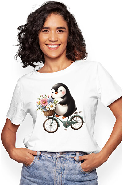 StoryGift Romania Tricou Femei cu un pinguin grasut care merge cu bicicleta, ilustratie, cosulet c WHT_XS
