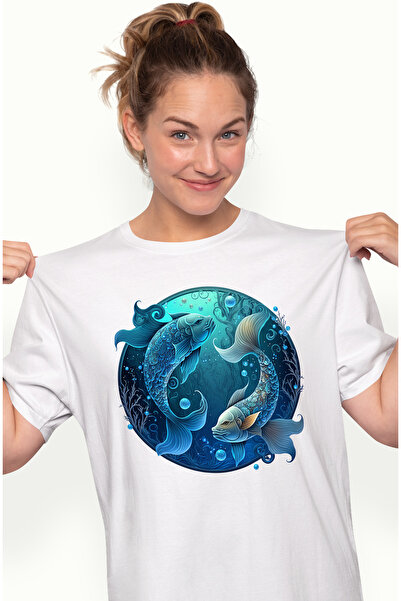 StoryGift Romania Tricou Femei cu 2 pesti, ilustratie, zodie, arta abstracta,...