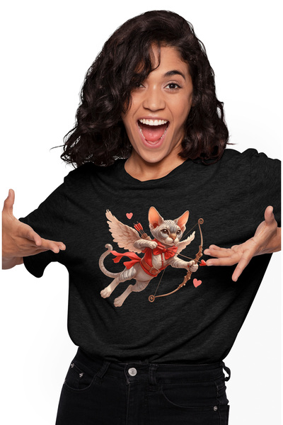 StoryGift Romania Tricou Femei cu o pisica Sfinx Cupidon, ilustratie, trage cu arcul, indragostire BLK_M