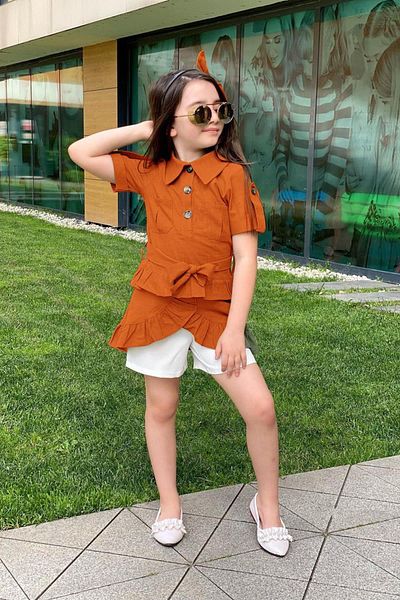 Riccotarz Girl's Waist Tied Button Detailed Tile Tunic with Ruffled Skirt