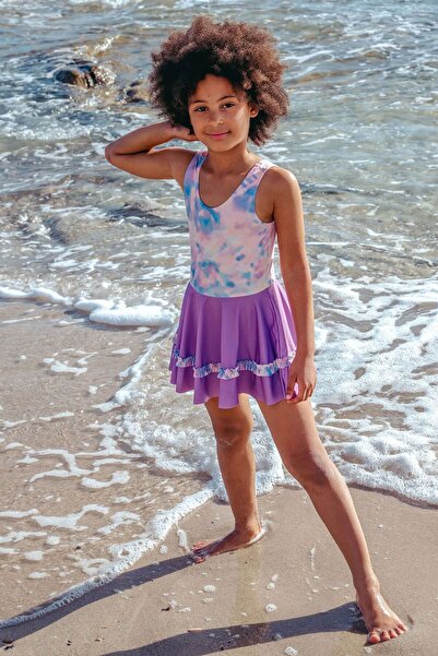 Minigimin Cicileri My Little One's Cicileri (3-12 Years) Tie-Dye Patterned Girls' Skirted Swimsuit - Purple