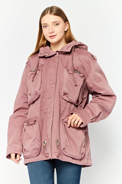 Diesel جاكيتات نسائية بغطاء رأس وشعار مطرز، لون أرجواني فاتح