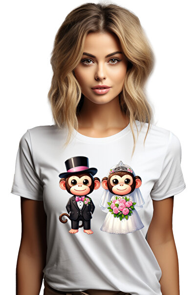 StoryGift Romania Tricou Femei cu 2 maimute la nunta, ilustratie, rochie de m...