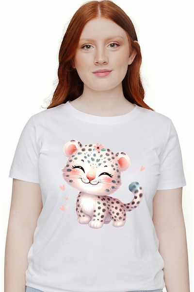 StoryGift Romania Tricou Femei cu o femela jaguar, ilustratie, inimioare, micuta, fericire, veseli WHT_S