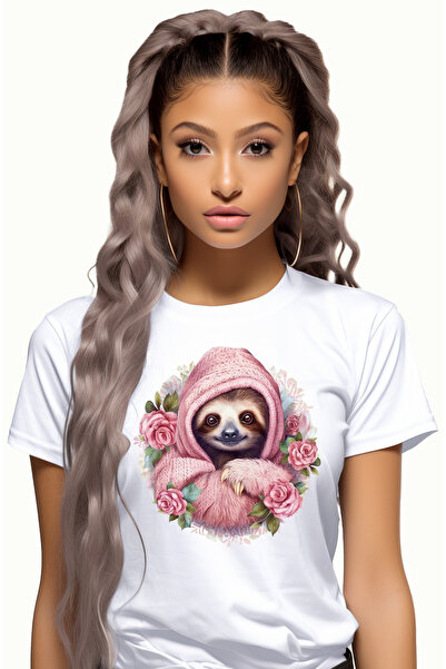 StoryGift Romania Tricou Femei cu animalul Sloth/lenes, ilustratie, imbracat ...
