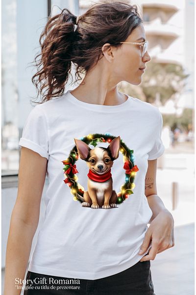 StoryGift Romania Tricou Femei cu un catel vesel, Craciun, fular, coroana, luminite, sarbatori ala WHT_XL