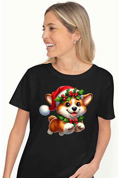 StoryGift Romania Tricou Femei cu un catel jucaus cu caciula de Craciun, ilus...