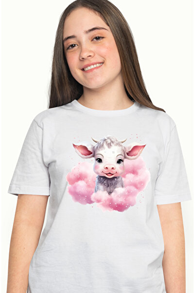 StoryGift Romania Tricou Femei cu un vitel printre nori, ilustratie, in lumea...