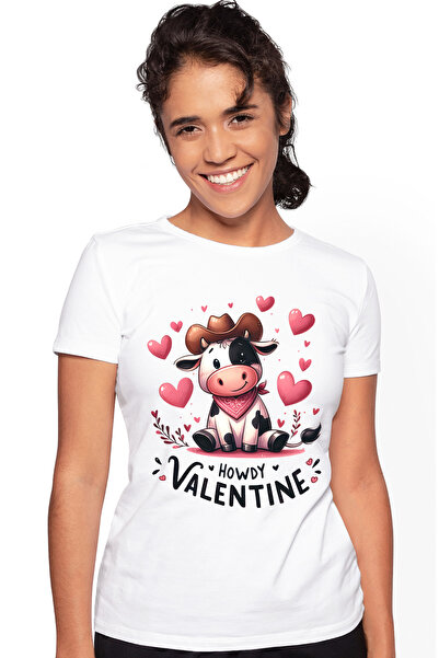 StoryGift Romania Tricou Femei cu o vacuta din Vestul Salbatic cu mesajul "Howdy Valentine", ilust WHT_L