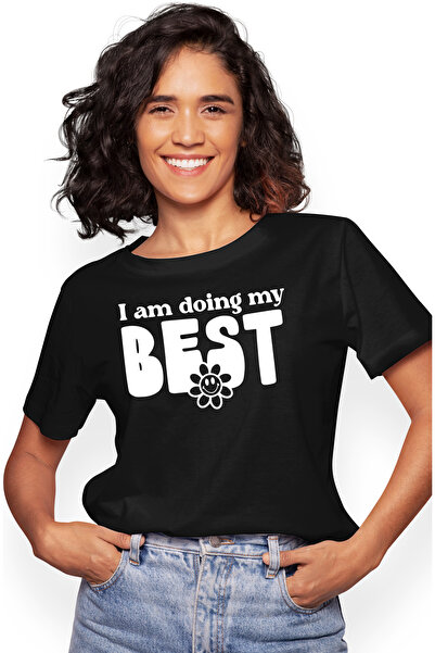 StoryGift Romania Tricou Femei cu o floricica si mesajul in engleza "I am doing my best" - dau tot BLK_M