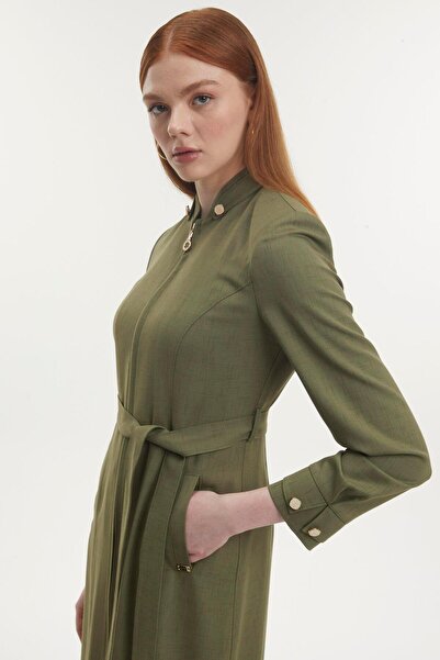 Zühre Collar Detailed Zippered Belted Khaki Overcoat 13789