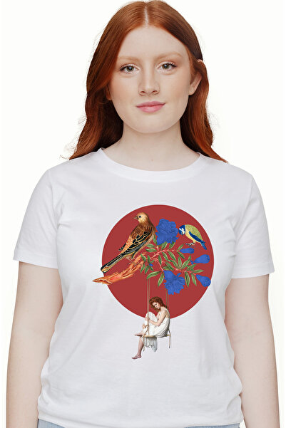 StoryGift Romania Tricou Femei Cu Arta Abstracta, Femeie, Pasari, Leagan, Rochie, Creanga, Multico WHT_XL