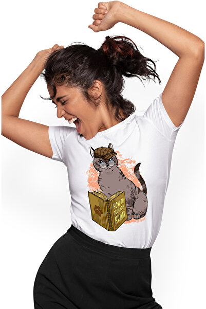 StoryGift Romania Tricou Femei cu o pisica, detectiva, ochelari, vrea sa invete cum sa isi dreseze WHT_XS