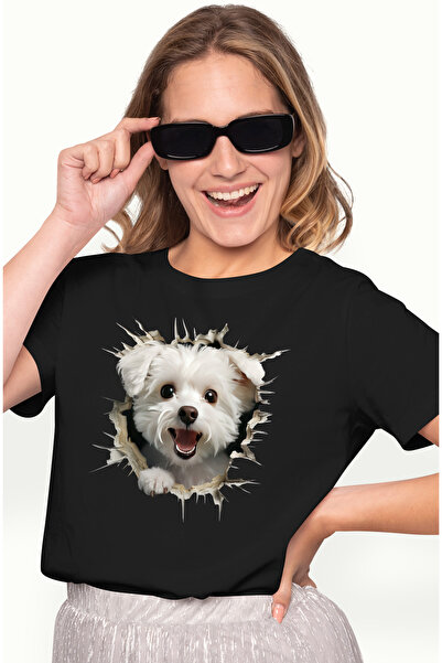 StoryGift Romania Tricou Femei cu un catel incantat, curios, jucaus, blana al...