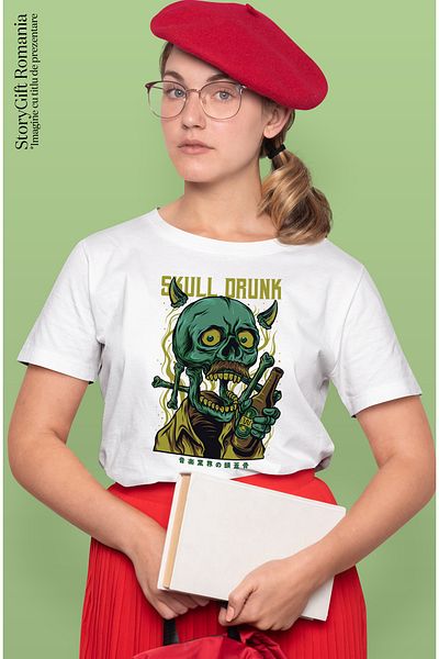 StoryGift Romania Women's T-Shirt With Skeleton Portrait Skull Man With Orange Shirt And Horns, Glass WHT_XL