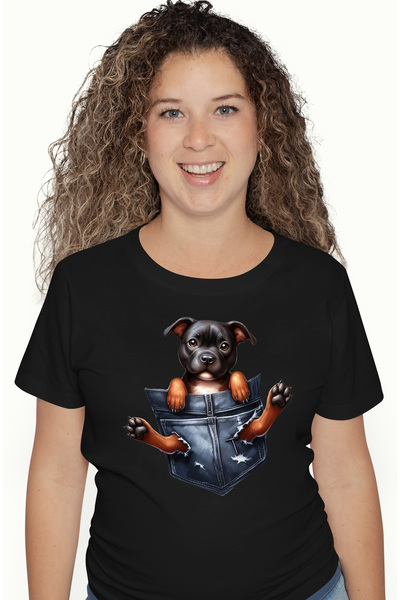 StoryGift Romania Tricou Femei cu un catel negru surprins, ilustratie, neasta...