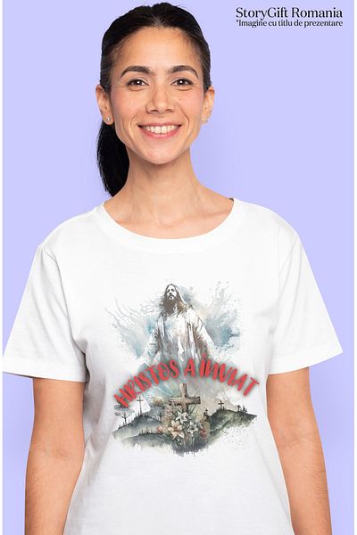 StoryGift Romania Tricou Femei hristos a înviat issus in cer paste sarbatori cu imprimeu pe Fata, WHT_L