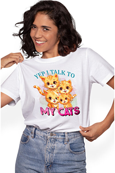 StoryGift Romania Tricou Femei cu pisoi cu mesajul "Yep, I talk to my cats", ilustratie, vorbesc c WHT_XS
