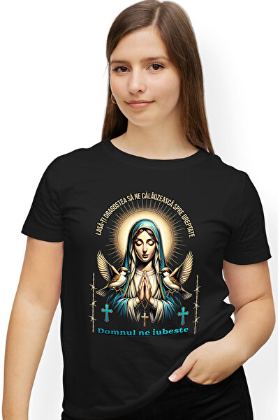 StoryGift Romania Tricou Femei Maicuta lasa dragostea sa ne calauzeasca cu imprimeu pe Fata, 100% BLK_XL