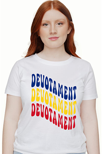 StoryGift Romania Tricou Femei Cuvantul Devotament, in Culorile Steagului Romaniei, Rosu, Galben, WHT_L