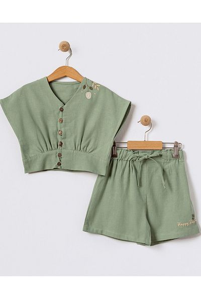 Bebüş Girl's Green Buttoned Embroidery Detailed Shorts Summer Double Set 15624