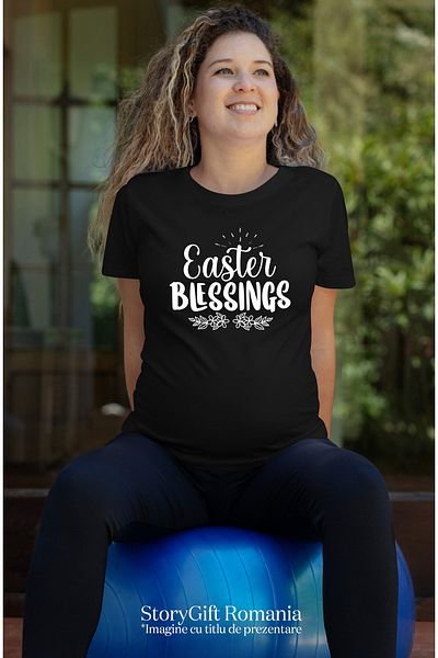 StoryGift Romania Tricou Femei cu textul "Easter blessings" - binecuvantari de Paste cu imprimeu BLK_M