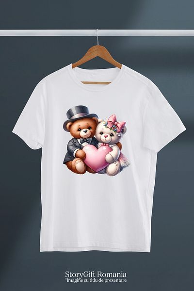 StoryGift Romania Tricou Femei cu 2 ursuleti, ilustratie, inima, funda, palarie, costum, rochie, i WHT_S