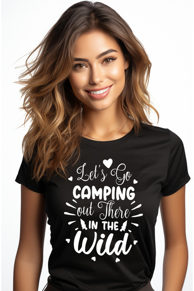 StoryGift Romania Tricou Femei cu inimioare si textul "Let's go camping out there in the wild" - h BLK_XS