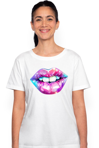 StoryGift Romania Tricou Femei cu buze stralucitoare, mov, roz, dinti, sclipi...
