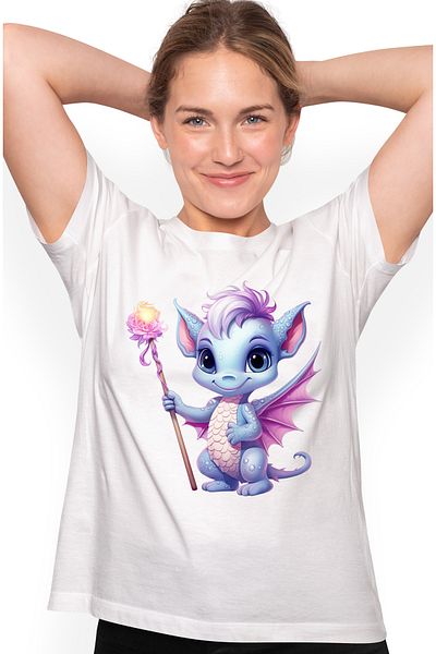 StoryGift Romania Women's T-shirt with a baby dragon holding a staff in its hand, magic, flower, spell WHT_M