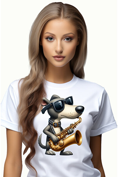 StoryGift Romania Tricou Femei cu un caine care canta la saxofon, ilustratie, ochelari, instrument WHT_L
