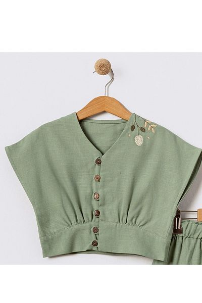 Bebüş Girl's Green Buttoned Embroidery Detailed Shorts Summer Double Set 15624